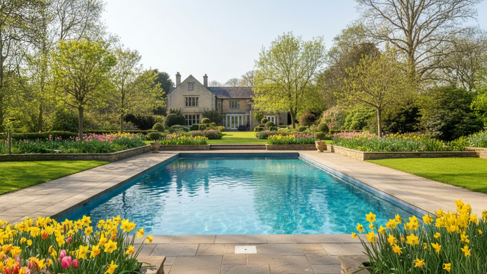 Outdoor swimming pool in springtime with daffodils