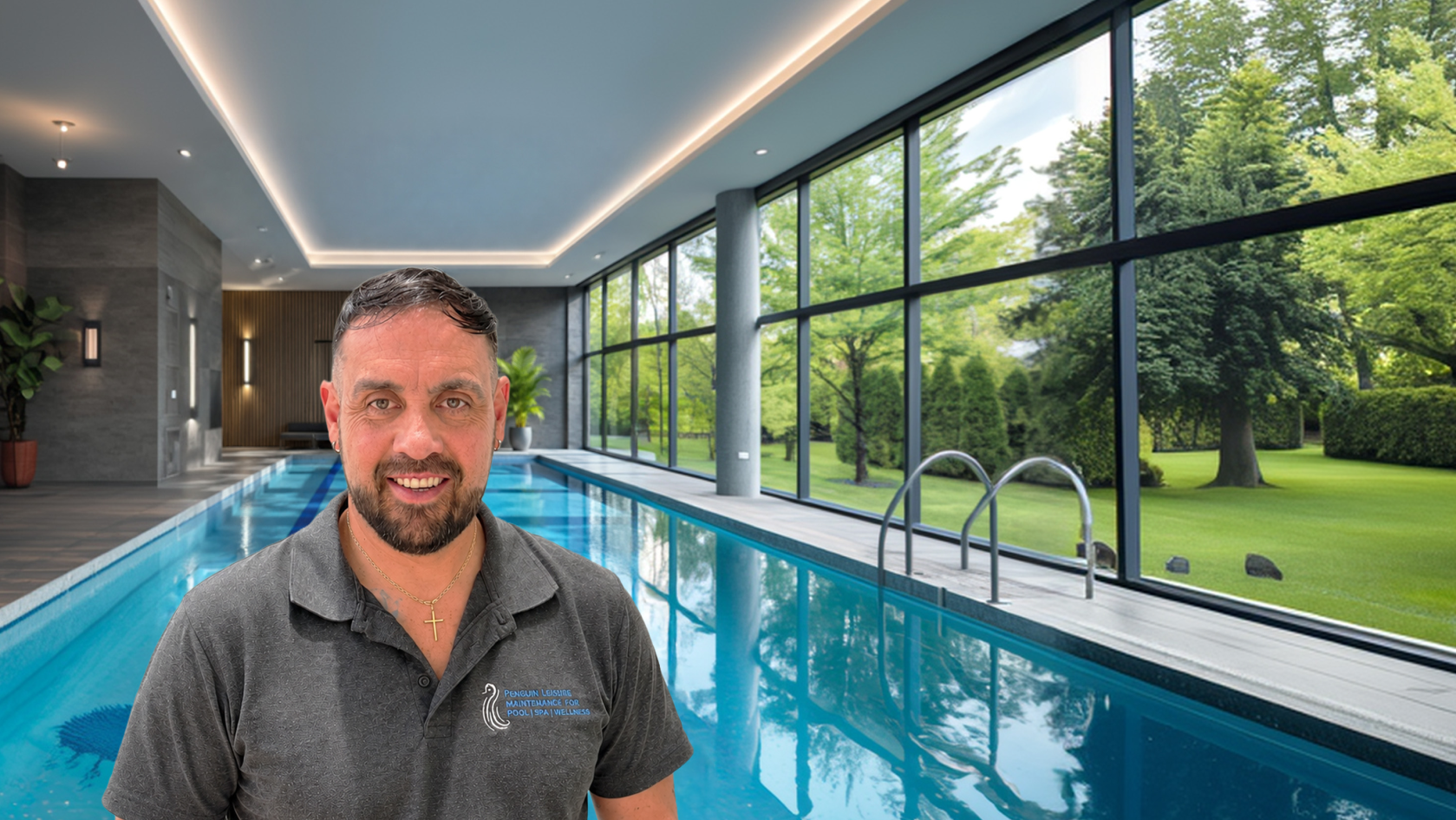 A man wearing a gray polo shirt with a 'Penguin Learning' logo stands in front of a large indoor swimming pool with blue water and large windows showing green trees outside.
