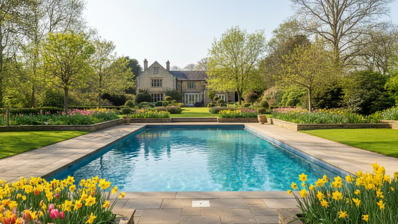 Outdoor swimming pool in springtime with daffodils